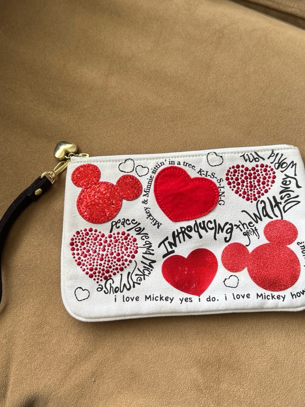 White Mickey Heart Zip Wristlet with Red Accents